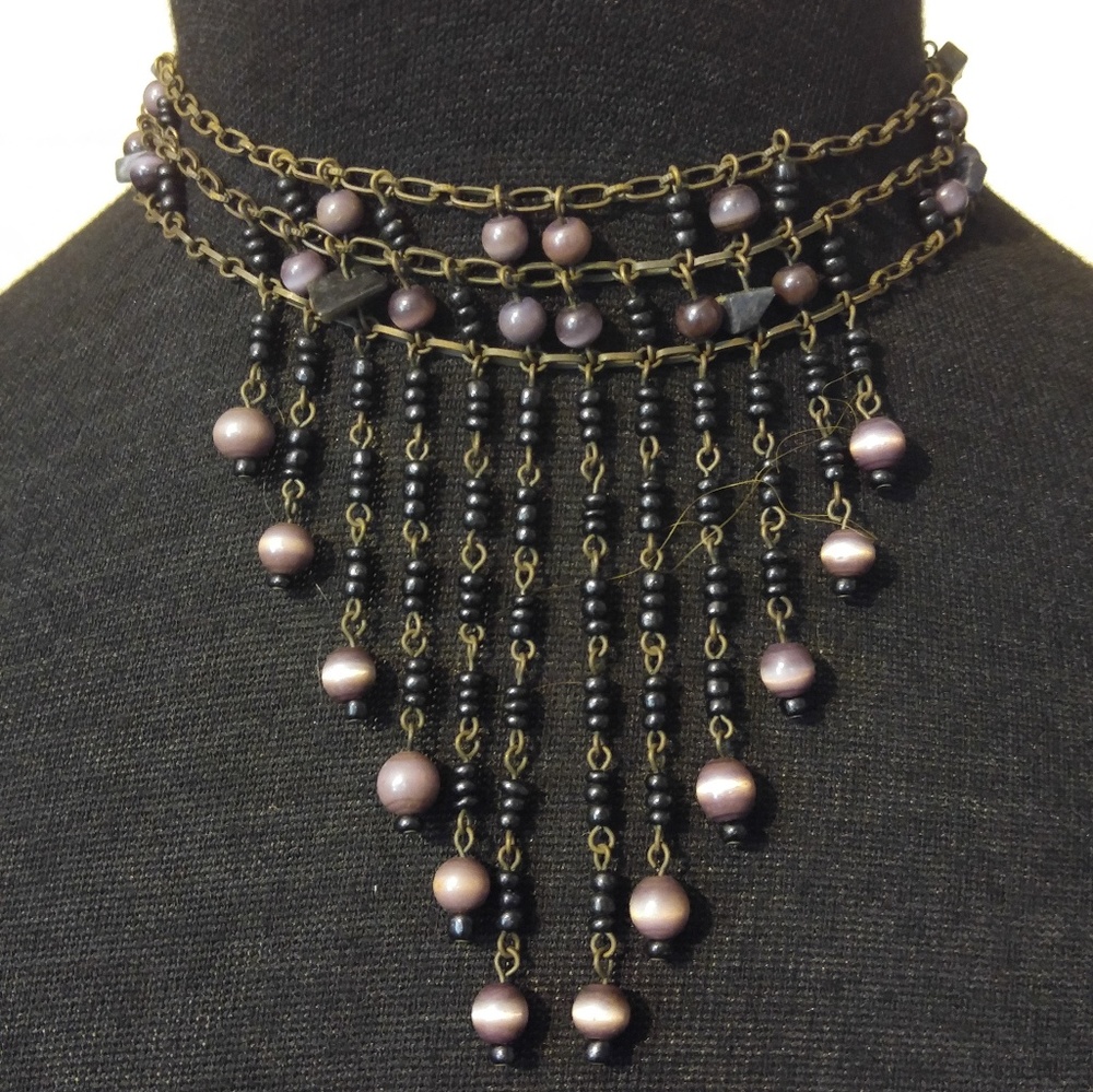 Drop choker necklace, hematite & cats eyes stones